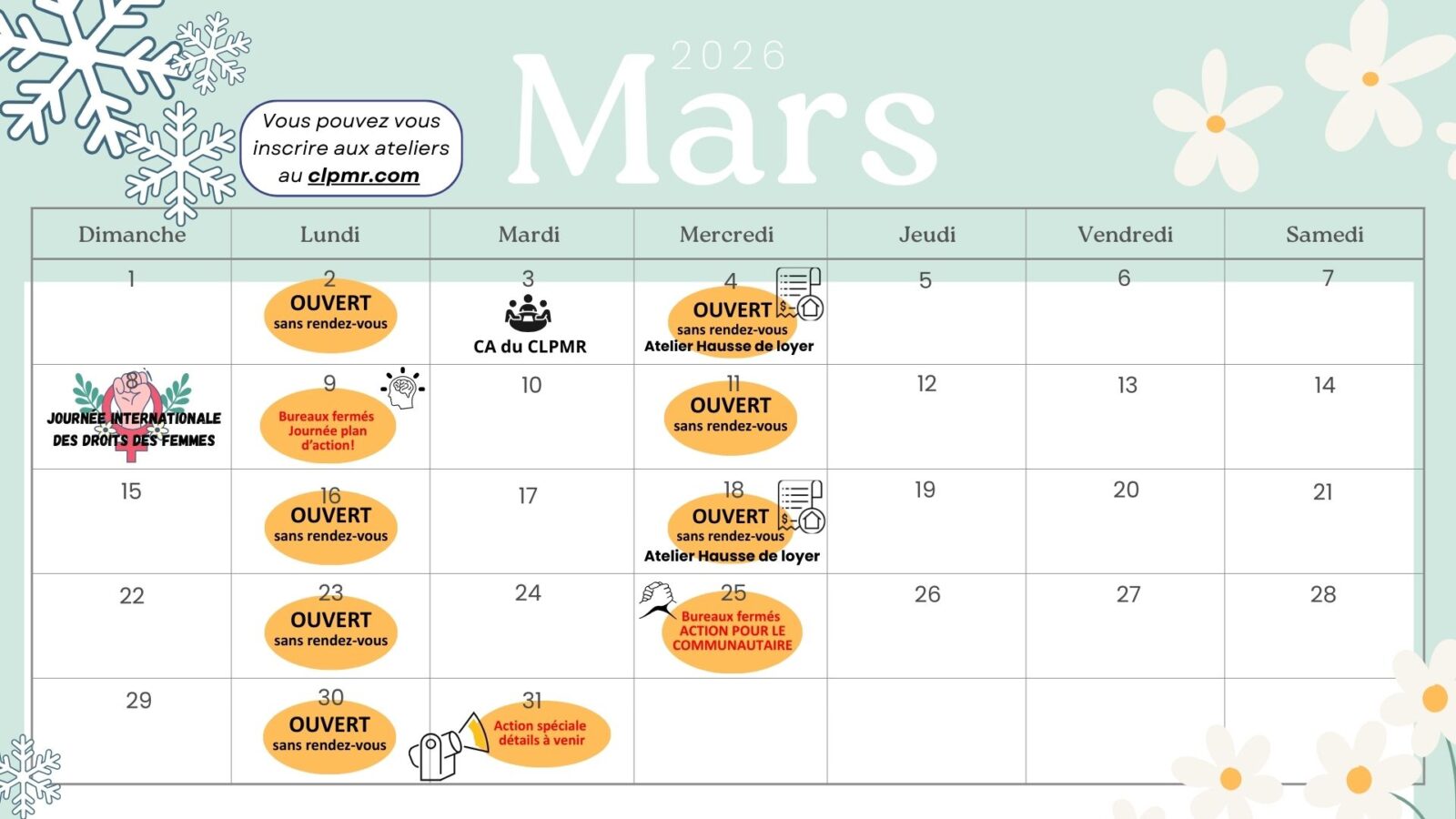 Calendrier mars 2026